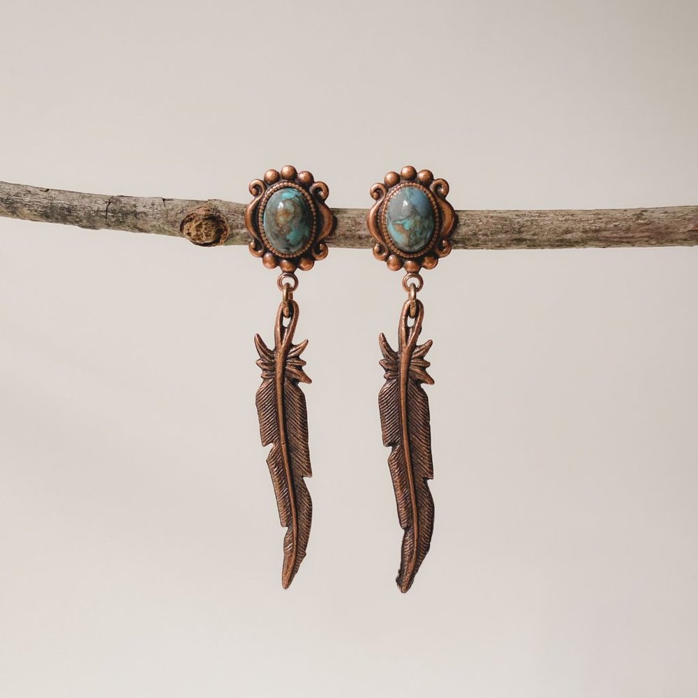 Southwest Style Boho Copper Feather Faux Turquoise Dainty Dangle Earrings
